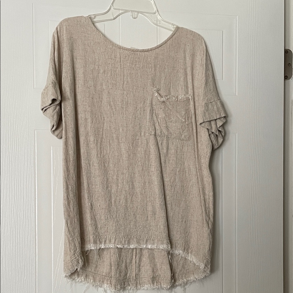 Umgee Neutral Beige Short Sleeve Linen-Blend Tunic